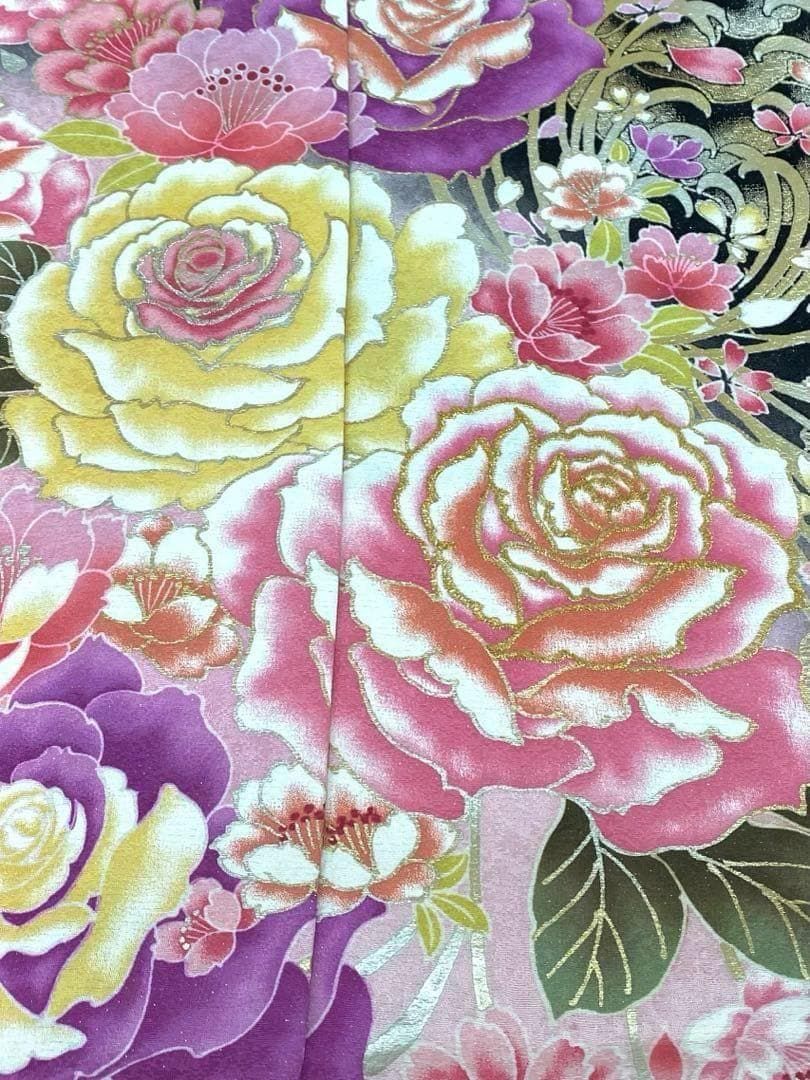 振袖 仮絵羽 銀通し 刺繍 金彩 薔薇 大輪 未仕立て品 八掛付き MOK483