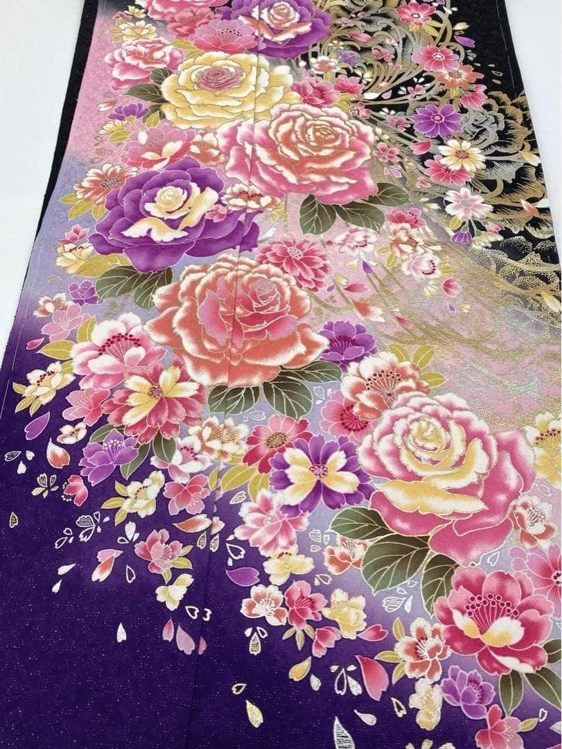 振袖 仮絵羽 銀通し 刺繍 金彩 薔薇 大輪 未仕立て品 八掛付き MOK483