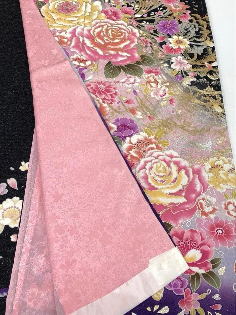 振袖 仮絵羽 京友禅 銀通し 刺繍 金彩 洋花 薔薇 正絹 未仕立て品 八掛付き 振袖 仮絵羽 銀通し 刺繍 金彩 薔薇 大輪 未仕立て品 八掛付き MOK483