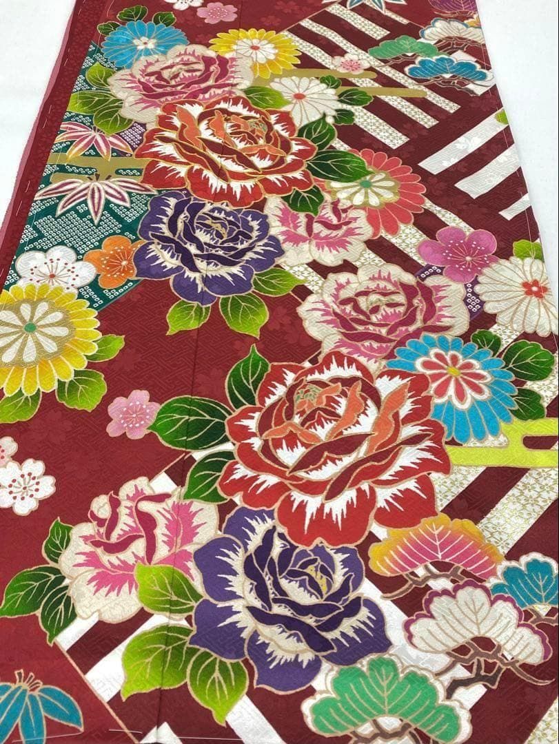 振袖 仮絵羽 舞台衣装 金駒 金彩 薔薇 未仕立て品 八掛付き MOK671