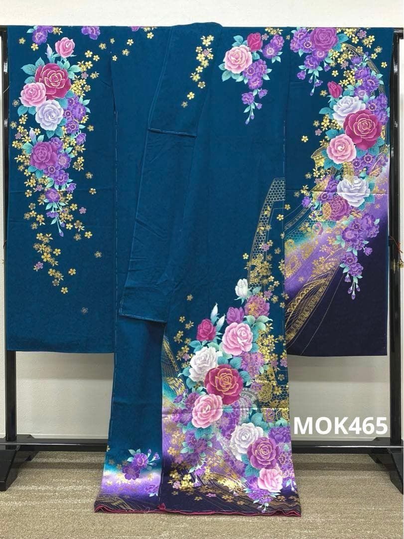 振袖 仮絵羽 金駒 金彩 紋意匠 薔薇 正絹 未仕立て品 八掛付き MOK465