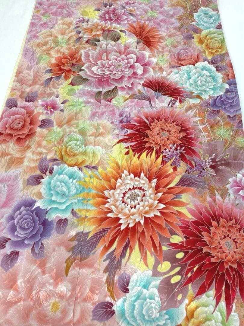 振袖 仮絵羽 ラメ刺繍 薔薇 洋花 正絹 未仕立て品 八掛付き MOK487 