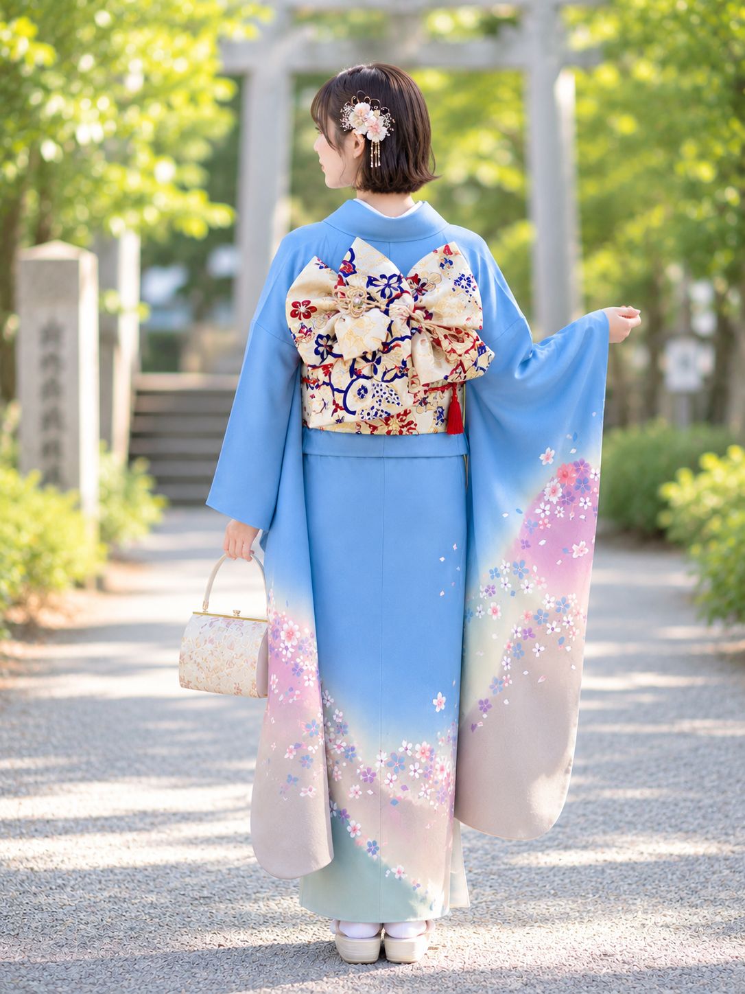 正絹振袖フルセット】水色ぼかし桜柄振袖 成人式・前撮り・結婚式に