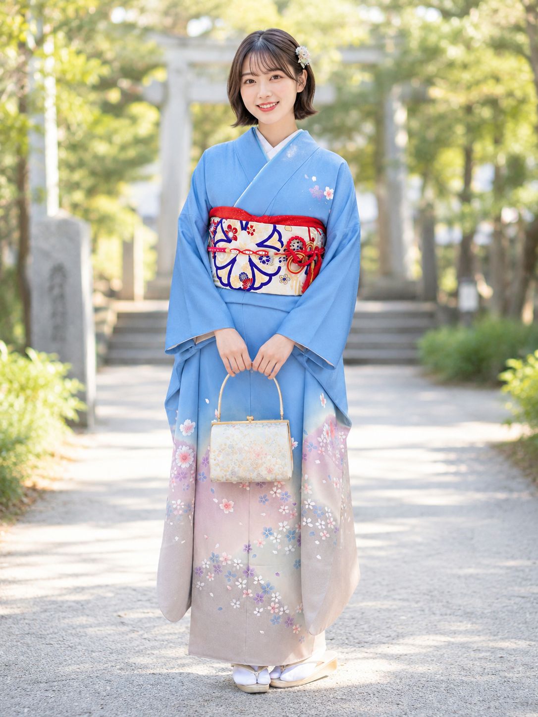 正絹振袖フルセット】水色ぼかし桜柄振袖 成人式・前撮り・結婚式に