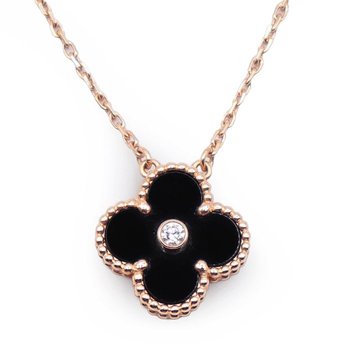 【美品】Van Cleef&Arpels ヴァンクリーフ&アーペル ヴィンテージ アルハンブラ ネックレス ダイヤモンド オニキス 18金 K18PG ジュエリー レディース ピンクゴールド チェーン全長42.0cm