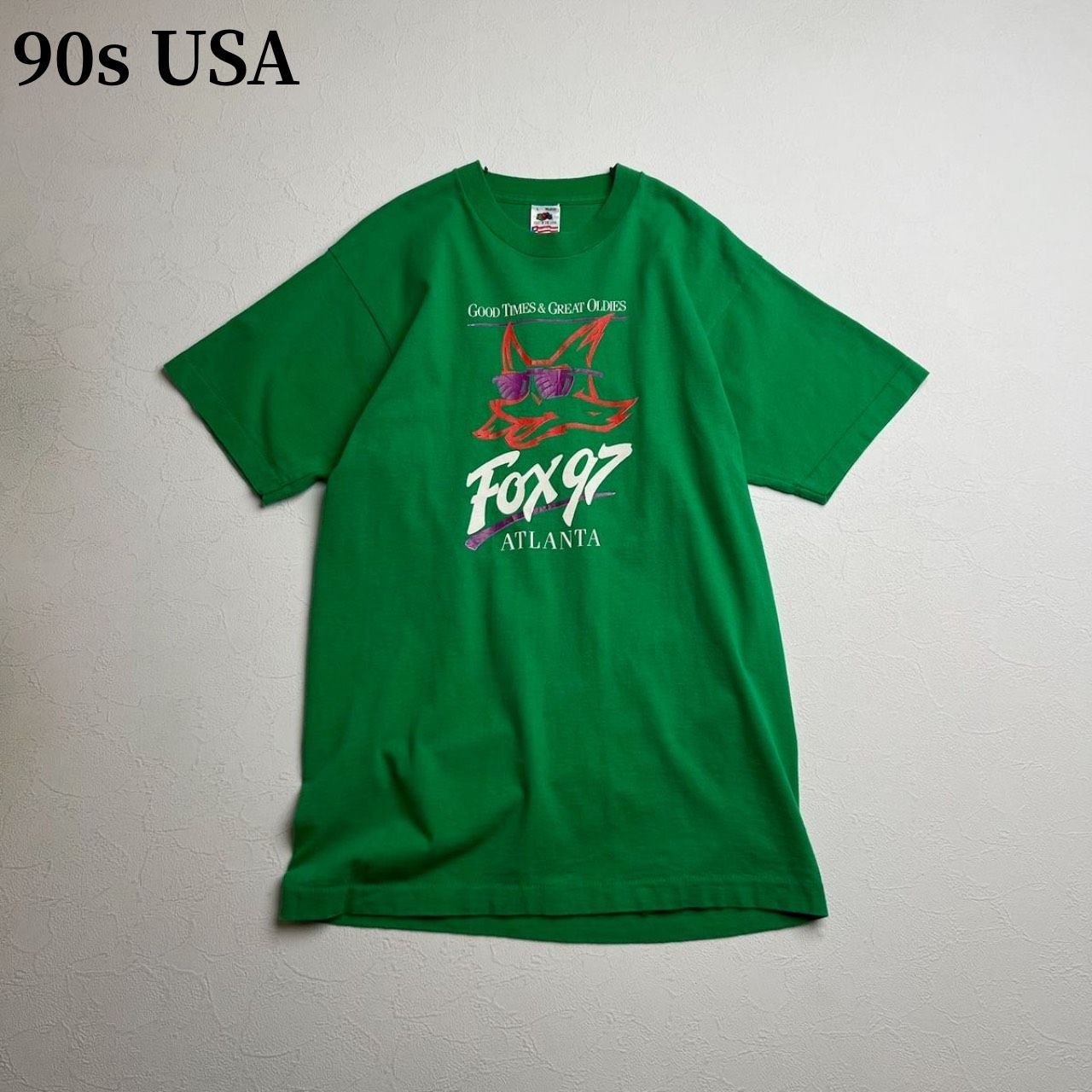 90s USA 両面プリント ラジオ番組 アニマル キツネ シングルステッチ Tシャツ グリーン L 古着