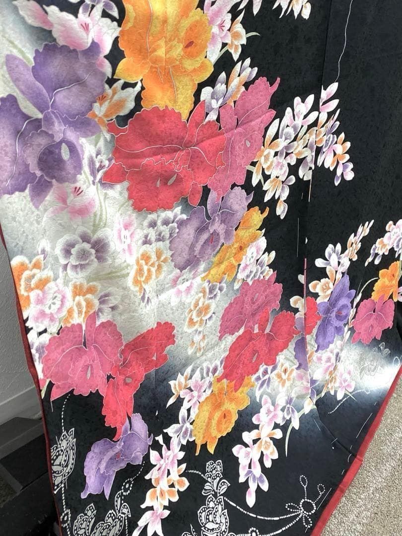振袖 仮絵羽 銀彩 紋意匠 カトレア 正絹 未仕立て品 八掛付き MOK658
