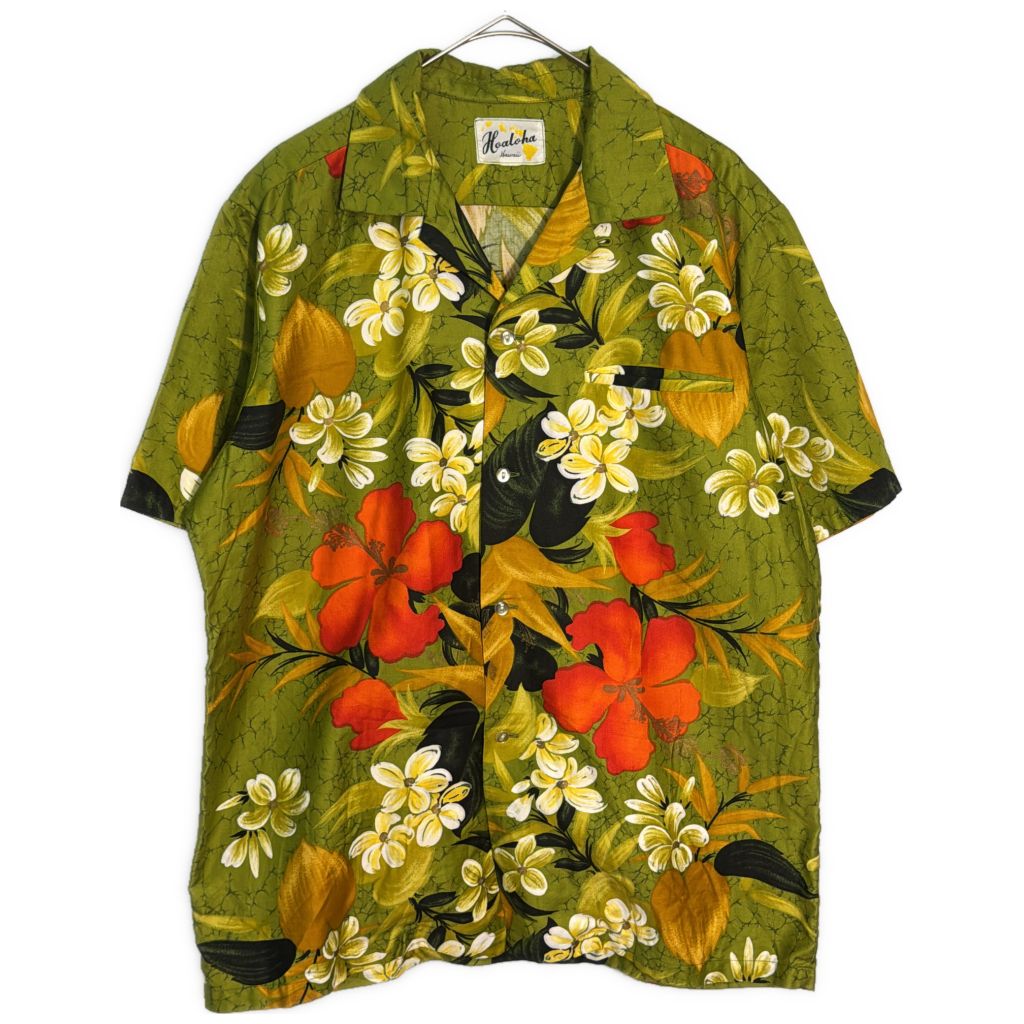 60年代 Hoaloha アロハシャツ ヴィンテージ 花柄 ハイビスカス グリーン(メンズ L相当)中古 古着 Y3733