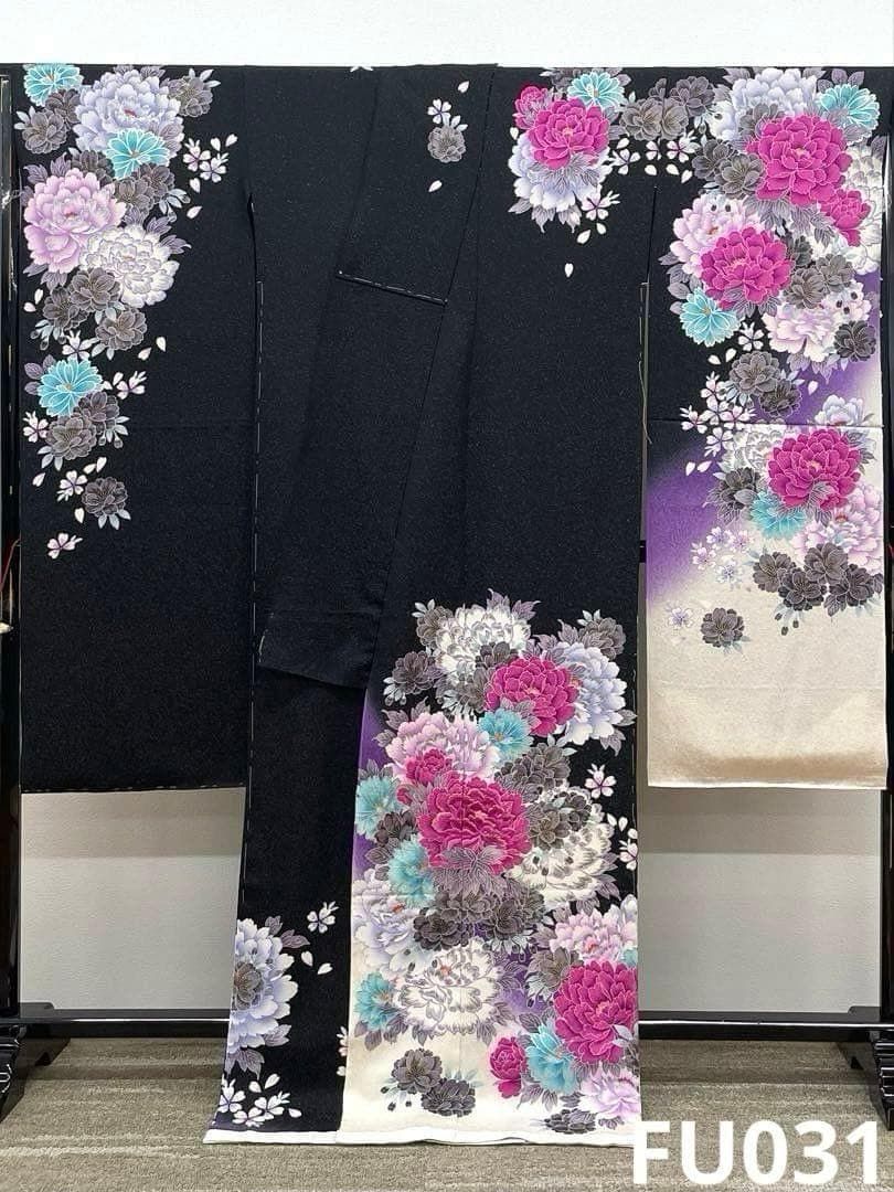 振袖 仮絵羽 銀通し 刺繍 銀彩 紋意匠 正絹 未仕立て品 八掛付き FU031 