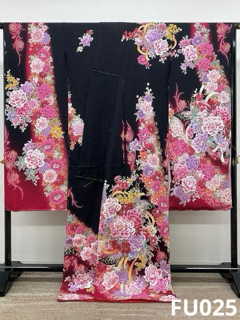 振袖 仮絵羽 銀通し ラメ刺繍 牡丹 正絹 未仕立て品 八掛付き FU025