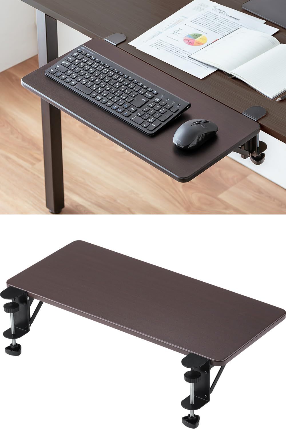 サンワダイレクト デスクエクステンダー 折りたたみ クランプ式 幅55 奥行25cm 耐荷重5kg 後付け デスク 机 拡張 延長 ブラウン 100-KB023M