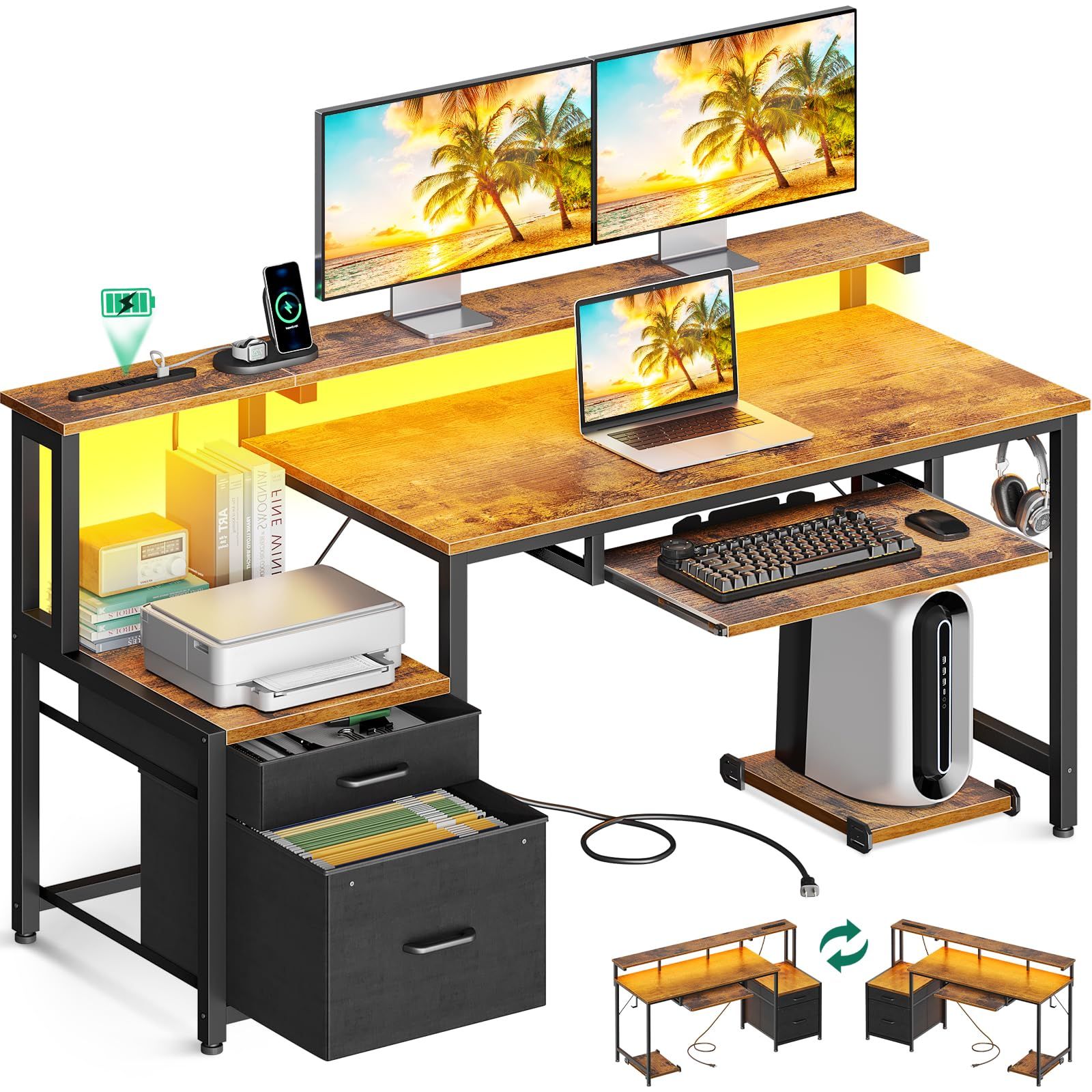 AODK パソコンデスク ゲーミングデスク 引き出し&キーボードスライダー付き 幅140cm 机 pcデスク computer desk ?子 コンセント&LED付き ゲームデスク 長机 CPUスタンド付き 在宅ワーク 左右入れ替え対応 ビンテージ