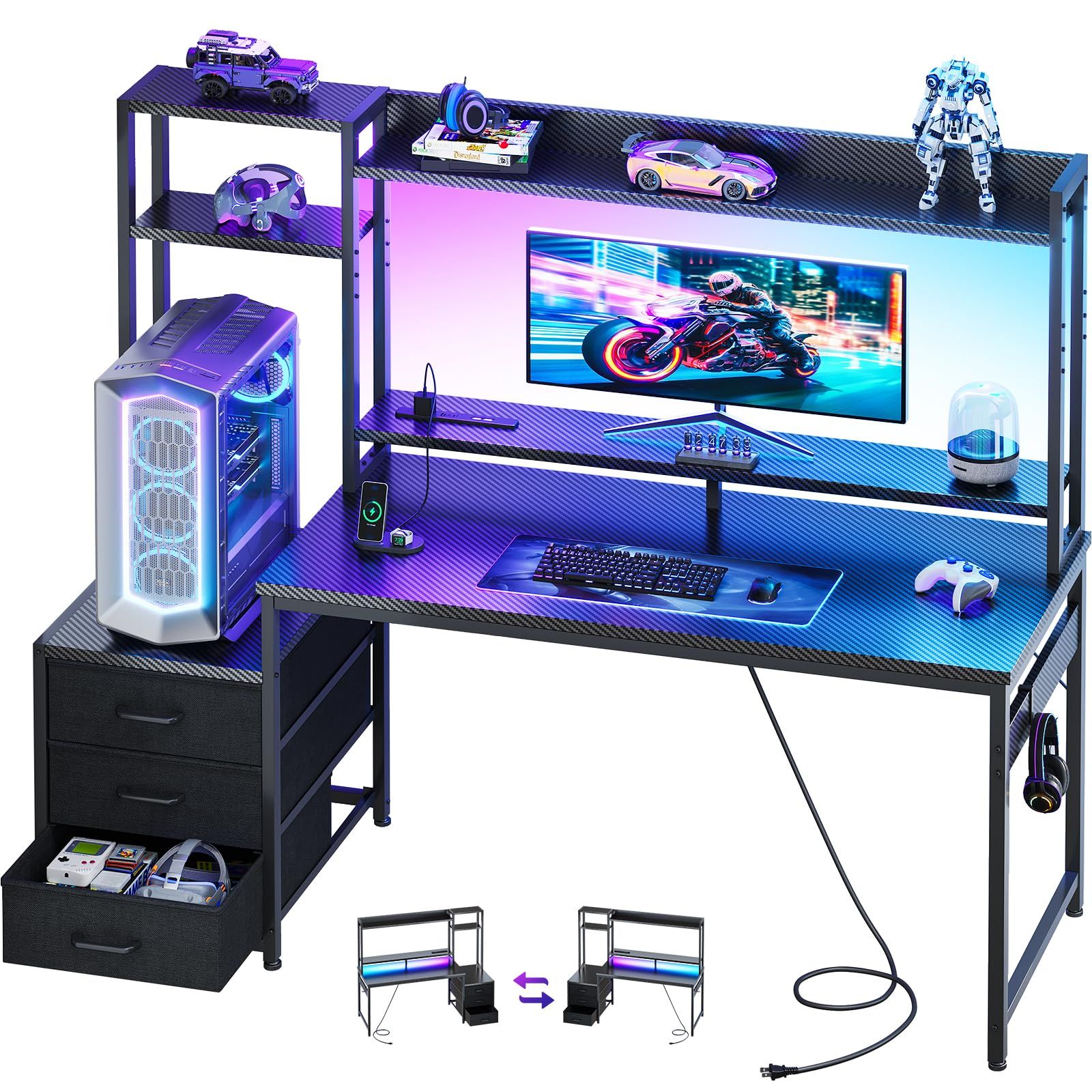 AODK ゲーミングデスク パソコンデスク コンセント&LED付き 幅140cm（約 ）机 pcデスク ゲームデスク gaming desk 引き出し＆モニター台付き ゲーミングテーブル 棚付き 左右入れ替え対応 カーボン調ブラック