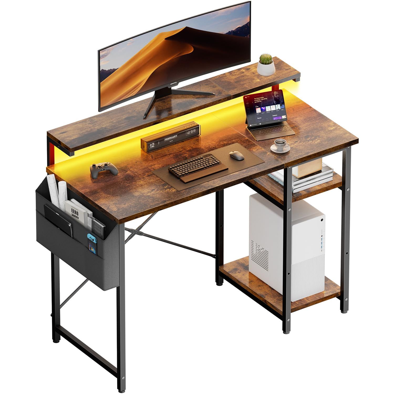 HLFURNITURE パソコンデス LEDライト付き 幅100*奥行48*高さ74cm モニタースタンドと収納バッグ付き ゲーミングデスク 机 pcデスク 棚高さ調節可能 勉強机 学習机 リモートデスク 自宅学習オフィスに最適ですビンテージ (ヴィンテージブ