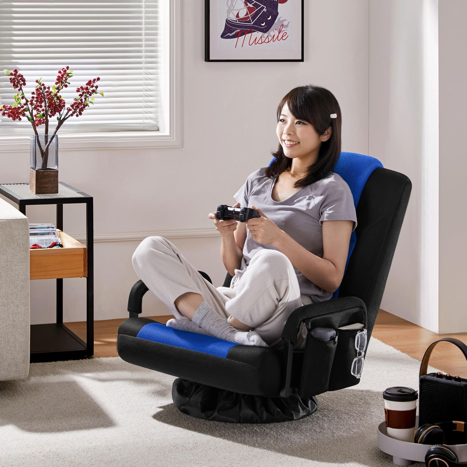 Yaheetech ゲーミングチェア 座椅子 ゲーミング座椅子 360度回転 6段階調整可能 ファブリック ゲームチェア ランバーサポート ハイバック 蒸れない 腰が痛くならない (BLUE)