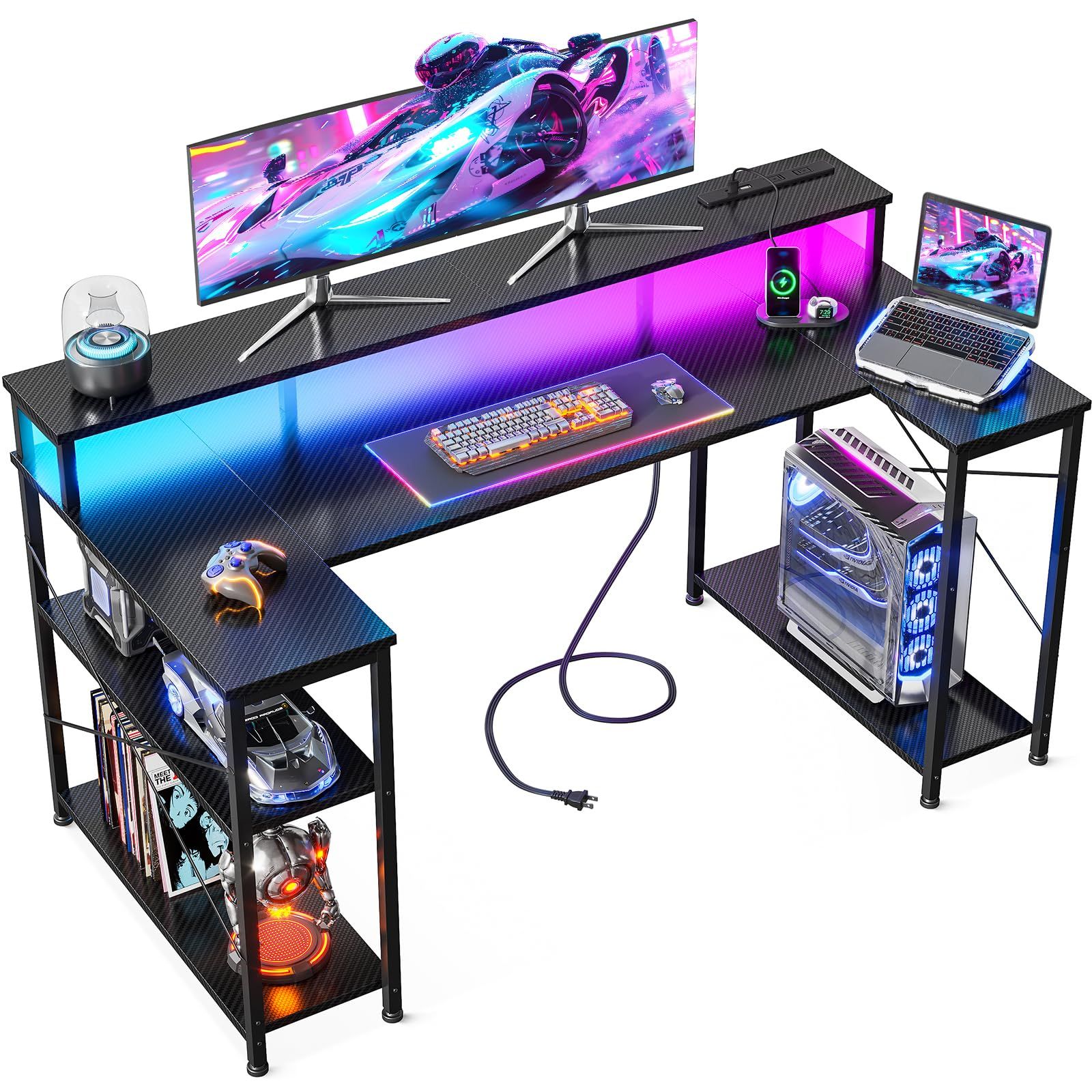AODK ゲーミングデスク ゲームデスク パソコンデスク U字型 幅120cm 両側ラック&コンセント付き 机 pcデスク gaming desk ゲーミングテーブル LED&モニター台付き 左右入れ替え対応 おしゃれ カーボン調ブラック