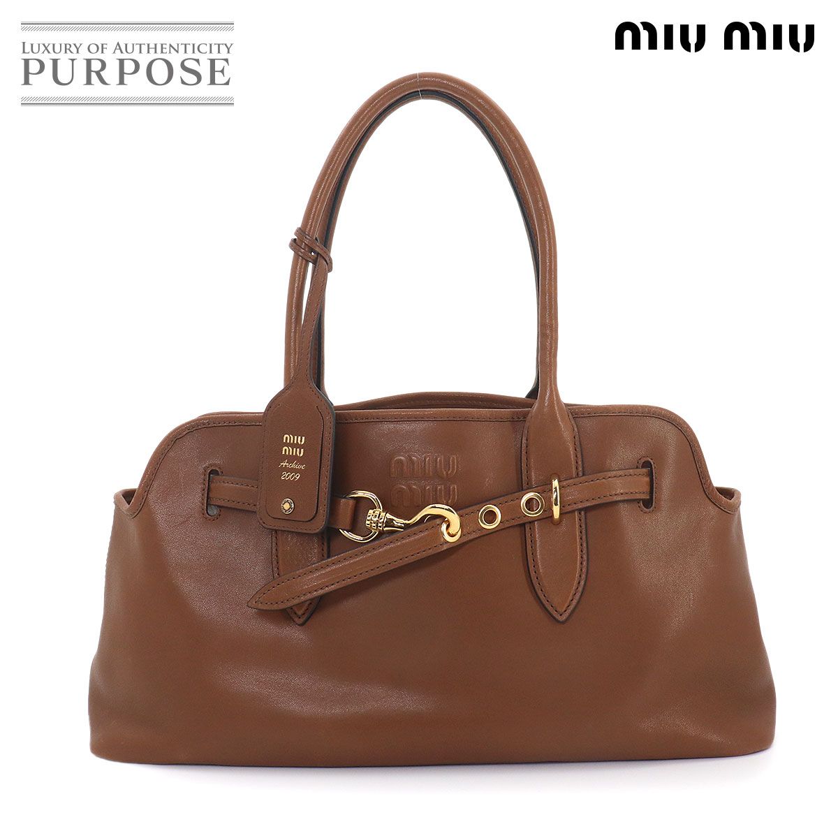 新品同様 ミュウミュウ MIUMIU アバンチュール ラージ トート バッグ レザー ブラウン 5BG310 ゴールド 金具 Aventure Bag 90322565