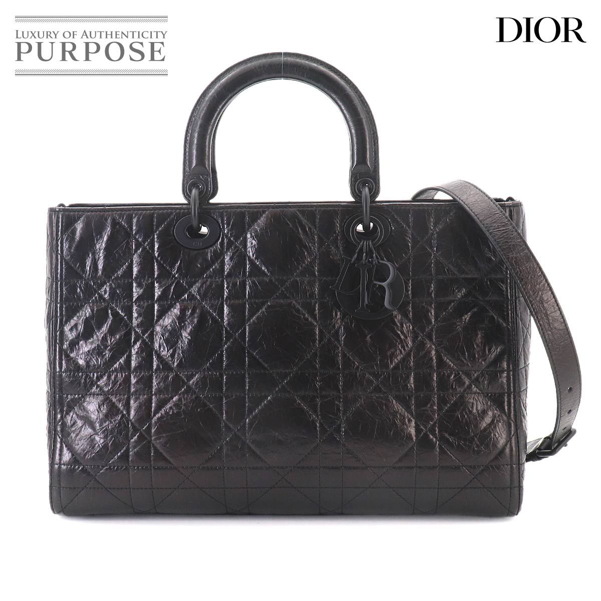 新品同様 クリスチャン ディオール Chiristian Dior レディ D-サイア 2way ハンド ショルダー バッグ レザー ブラック 90322586