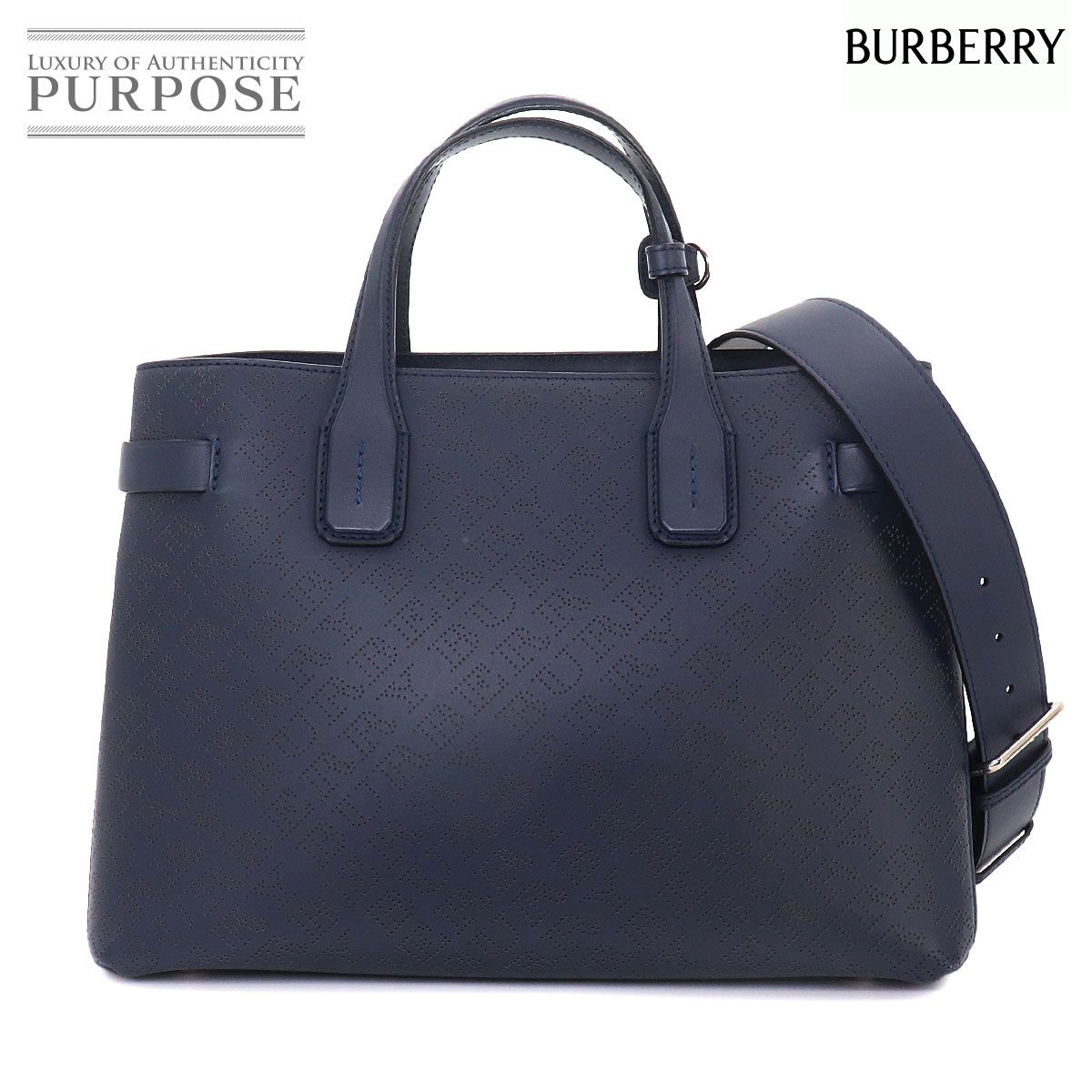未使用 展示品 バーバリー BURBERRY 2way ハンド ショルダー バッグ レザー ネイビー ロゴ シルバー 金具 90323897