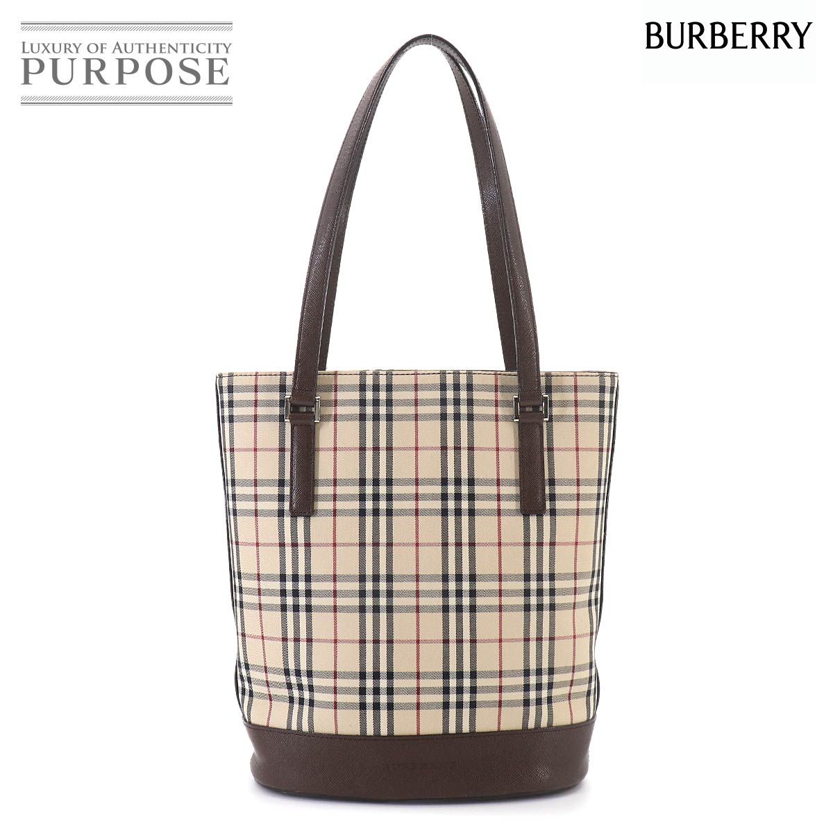 新品同様 バーバリー BURBERRY ノバチェック トート バッグ キャンバス レザー ベージュ ブラウン シルバー 金具 Tote Bag 90326967 35,750円