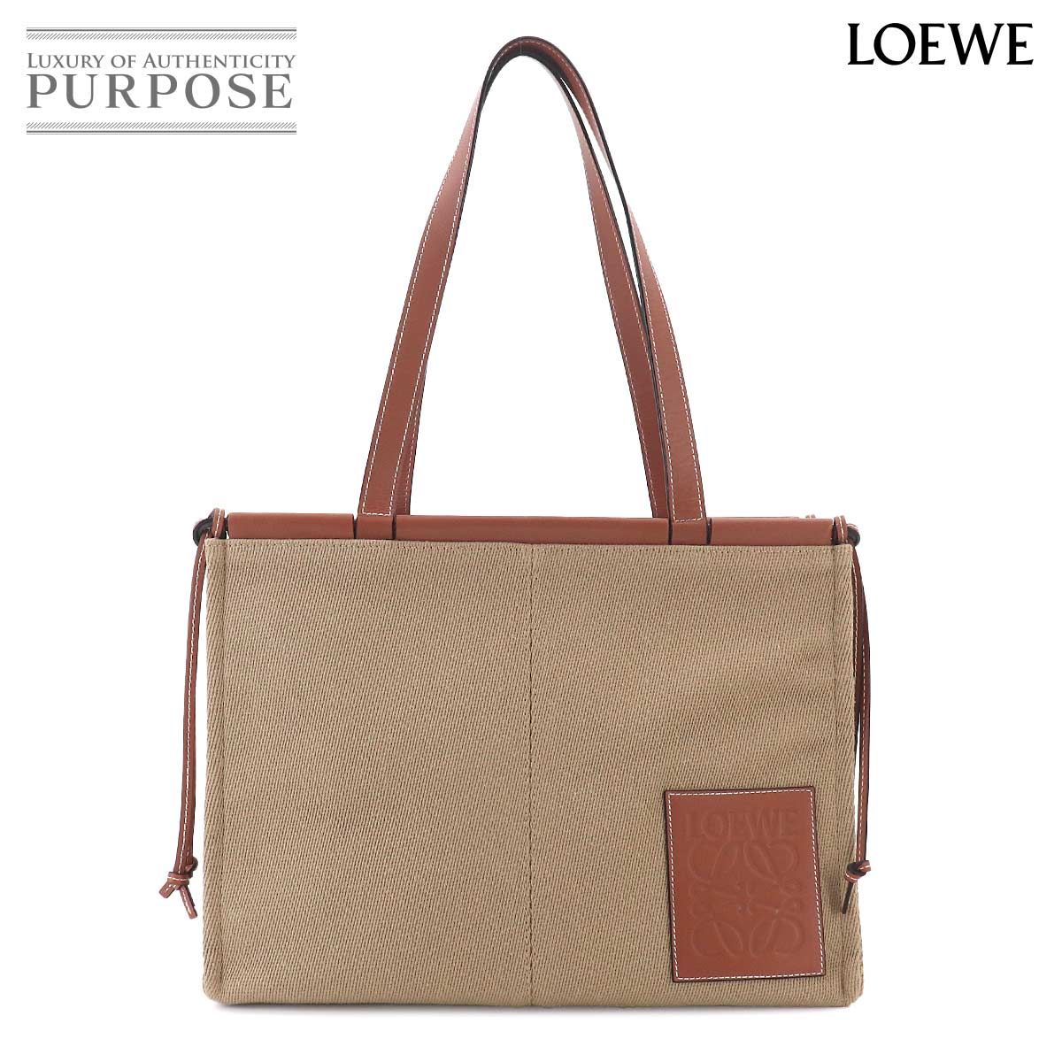 新品同様 ロエベ LOEWE クッション トート ラージ バッグ キャンバス レザー ベージュ ブラウン Cushion Tote Bag 90327270