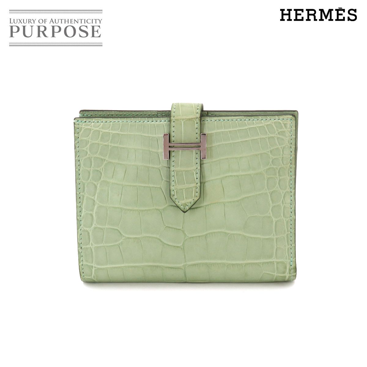 新品同様 エルメス HERMES クロコダイル アリゲーター ベアン コンパクト 二つ折り 財布 ヴェールドー W刻印 シルバー 金具 90329057