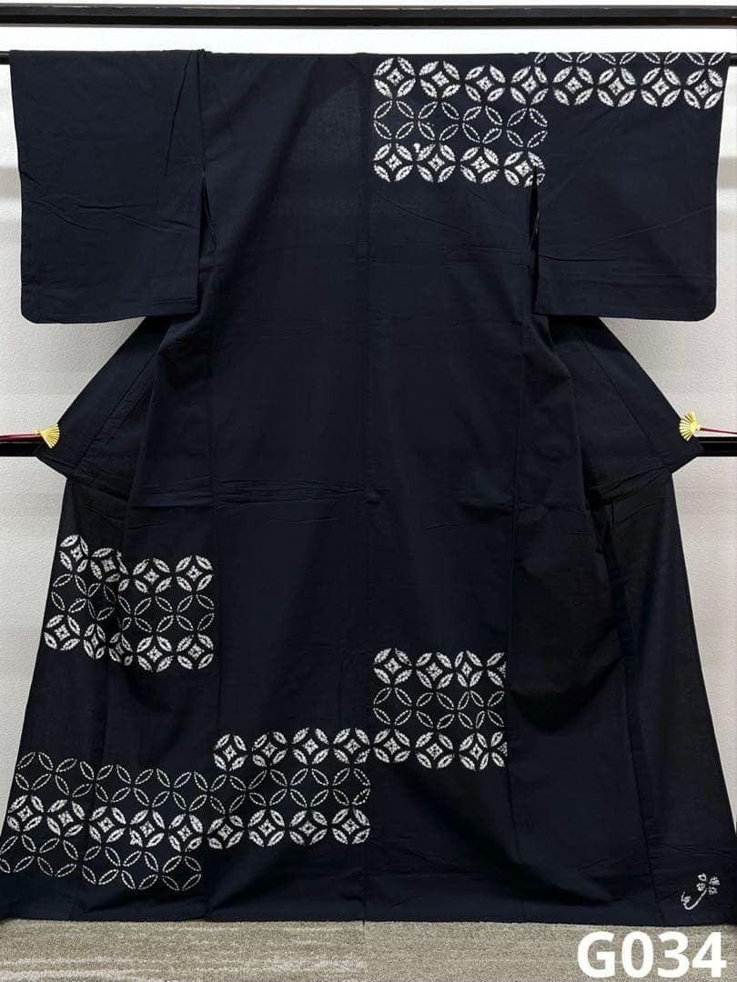 有松鳴海絞り 浴衣 夏物 七宝 綿 墨黒地 G034
