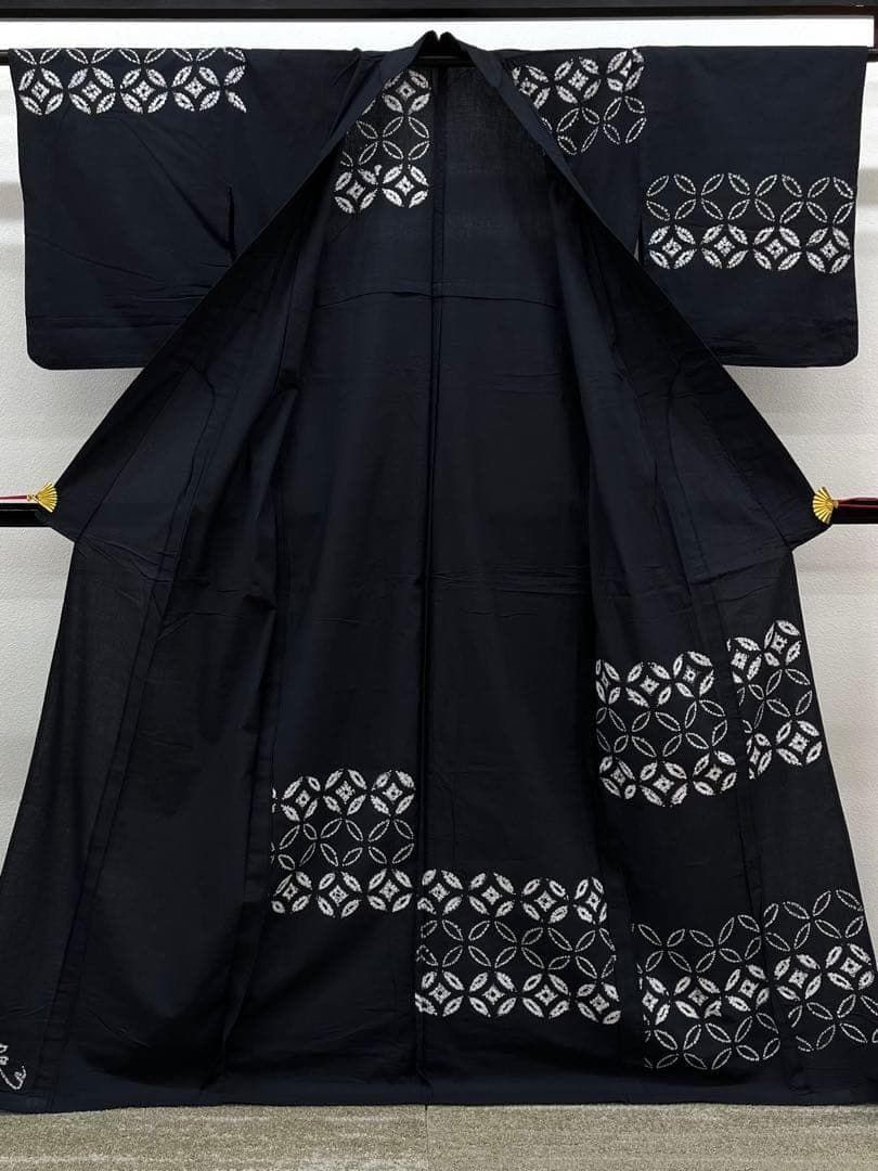有松鳴海絞り 浴衣 夏物 七宝 綿 墨黒地 G034
