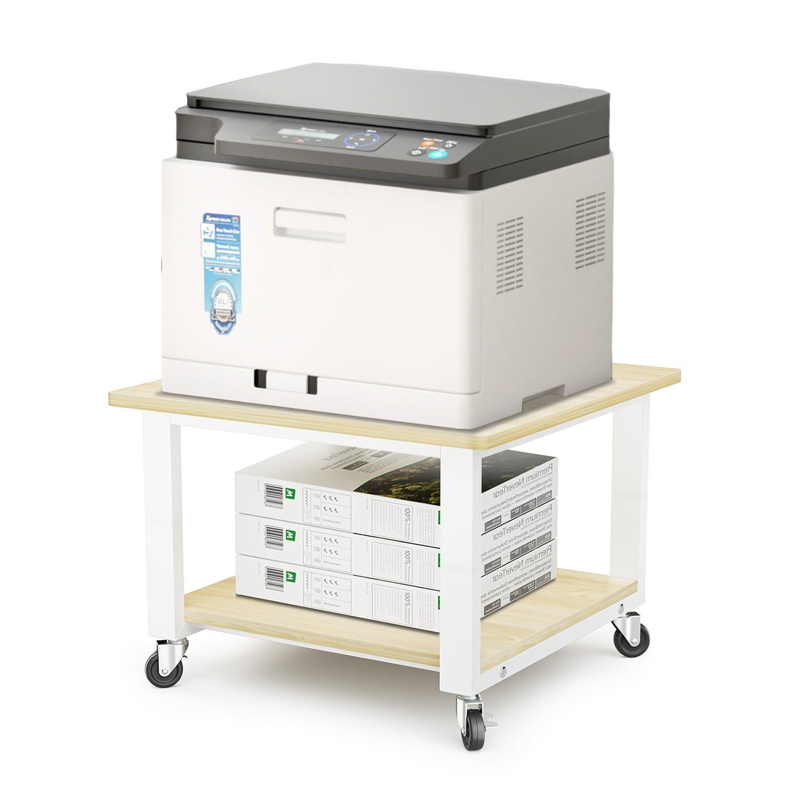 DEWEL プリンターラック幅50cm×奥行50cm 高さ35cm 耐荷重150KG 2段プリンター台 キャスター付き デスクワゴン 中棚 下棚 高さ調整可能 取り付け簡単 収納棚 オフィス 家庭用/オフィス用/仕事 (木目調)
