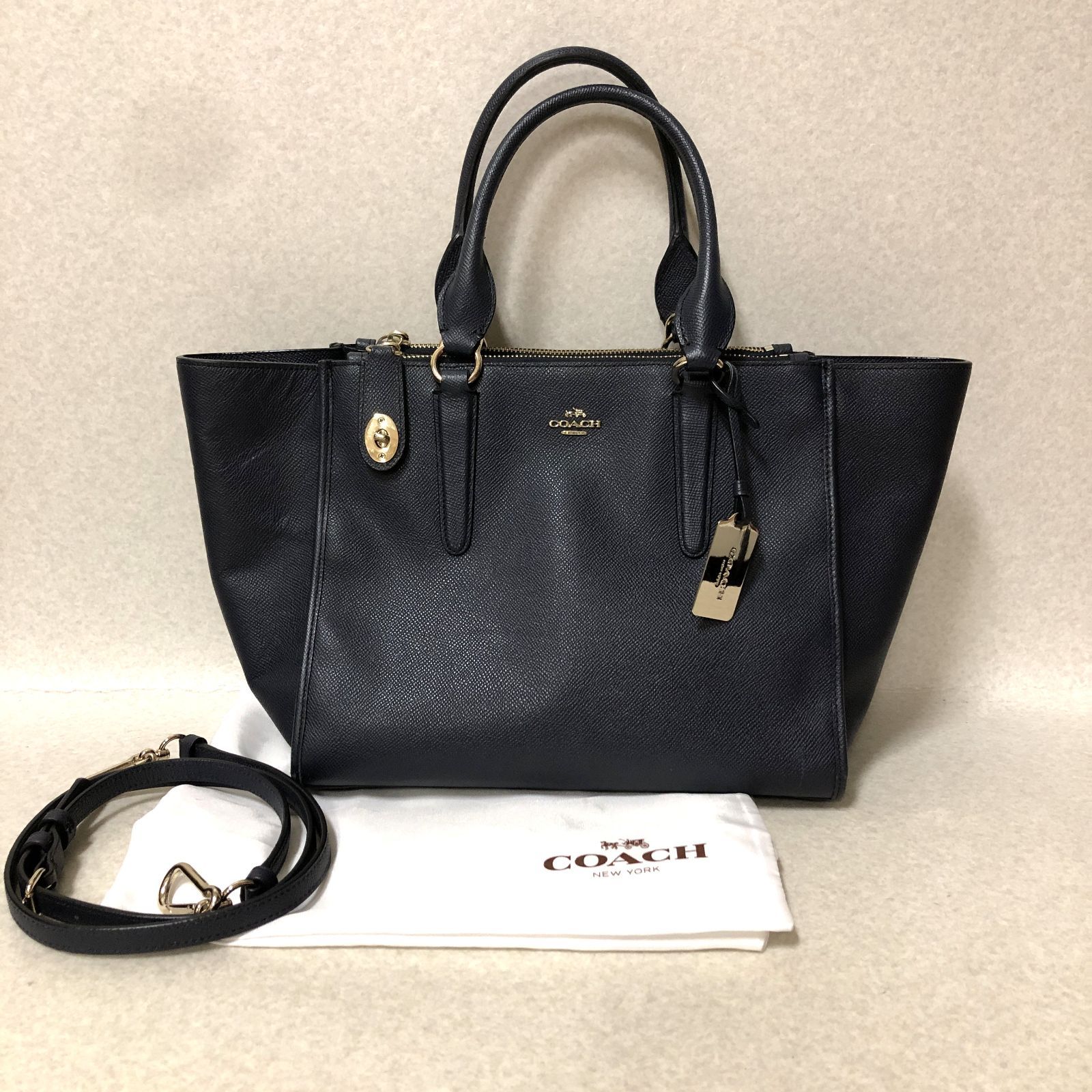 D539 COACH コーチ レザー ターンロック 2WAYトートバック ネイビー 紺 264420190