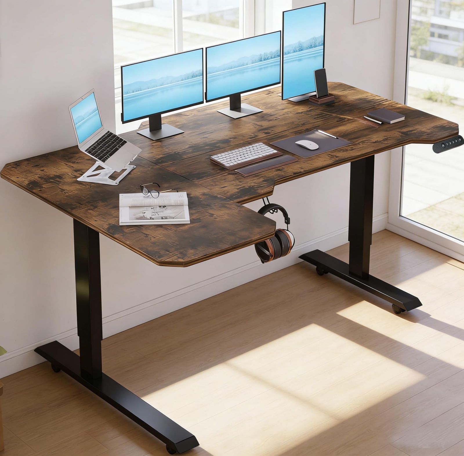 スタンディングデスク L字 昇降デスク Radlove 電動昇降式パソコンデスク 幅150cm*奥行101cm ゲーミングデスク 机 コーナー 高さ 69~115CM メモリー機能付き オフィス ワークテーブル 食事 学習/オフィス 勉強机 耐荷重80㎏ (ブ