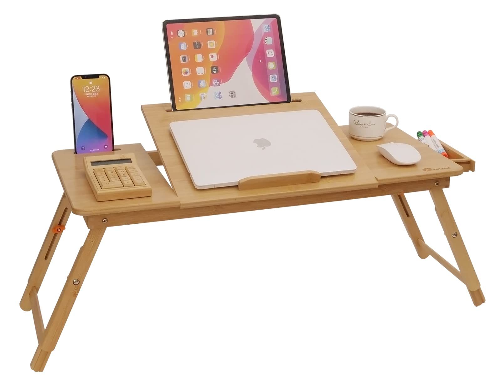 ベッドテーブル ノートパソコンデスク OIWAI ラップデスク ベッド机 寝ながらパソコン PCデスク ローテーブル 折りたたみ 木製 高さ調整 角度調整 タブレットスタンド デスク 引き出し付き 竹製 (73*35cm)