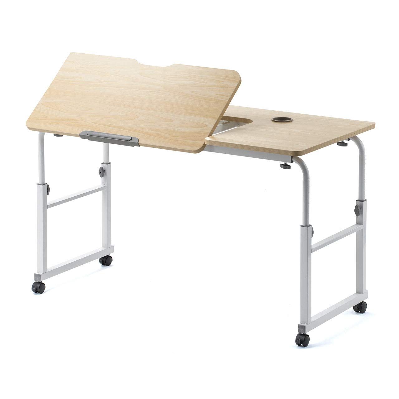 サンワダイレクト パソコンデスク 高さ56～85cm 脚の幅120～196cm 角度調整 【組立簡単】キャスター付き 天板幅120×奥行60cm モニターアーム取付対応 ベッドテーブル 薄い木目 100-DESKN004LM