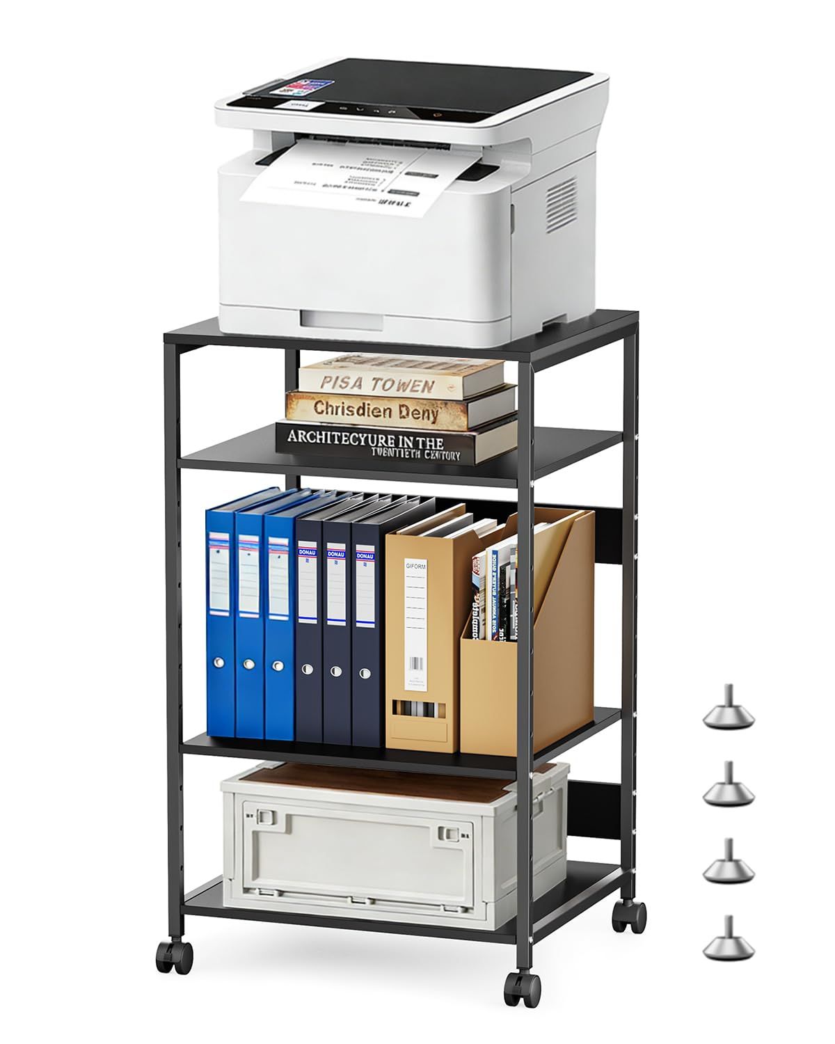 DEWEL プリンター台 総耐荷重約80kg 4段 プリンターラック 幅60×奥行50×高さ97-100cm サイドテーブル キャスター付き A3ファイル対応 中棚調整可能 ジャスター付き デスクワゴン 頑丈 木製 袖机 ブラック