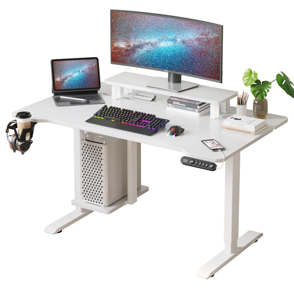 ゲーミングデスク 昇降デスク Radlove 電動昇降式パソコンデスク 幅120cm*奥行79cm スタンディングデスク pcデスク 机 オフィ カーボンファイバー天板 在宅勤務 書斎 カップホルダー＆ヘッドホンフック付き ホワイト (ホワイト)
