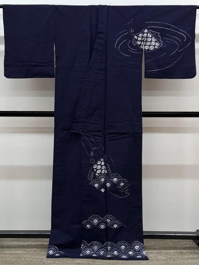 有松鳴海絞り 浴衣 夏物 鯉の滝登り 青海波 綿 濃紺地 G035 - メルカリ