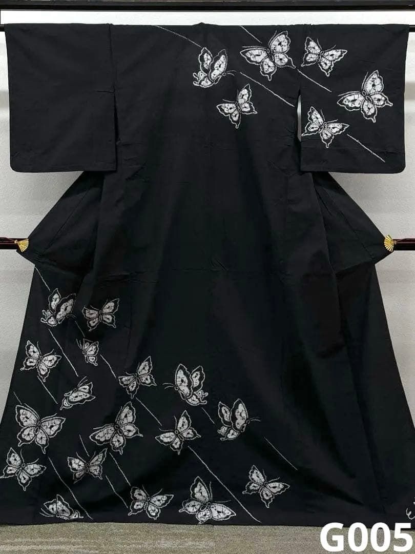 有松鳴海絞り 浴衣 夏物 蝶 綿 墨黒地 G005