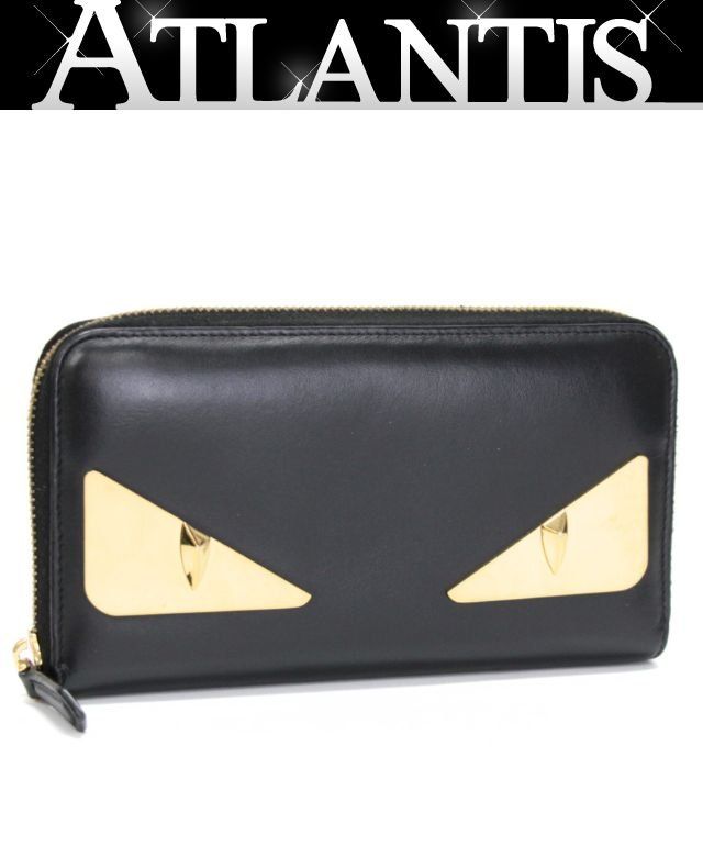 フェンディ FENDI モンスター ラウンドファスナー長財布 レザー 黒×ゴールド 【75004】