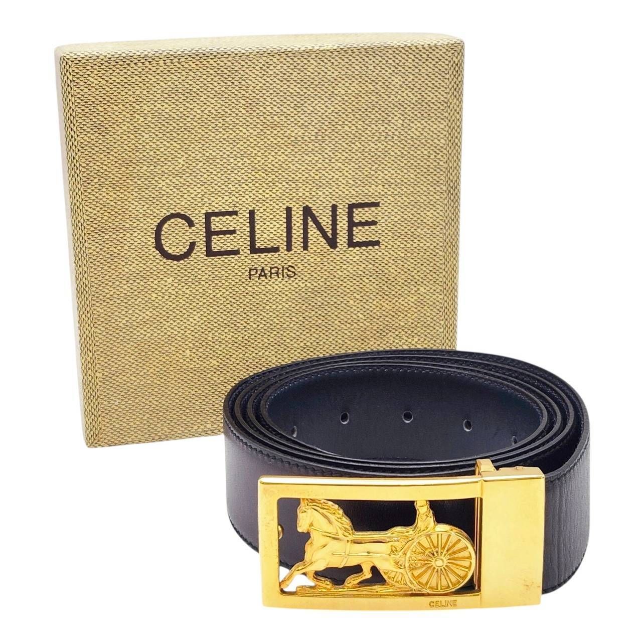 S-06631 セリーヌ CELINE ベルト 馬車金具 バックル レザー ブラック