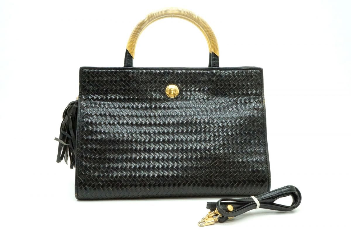 フェンディ ヴィンテージ 2way ショルダー ハンドバッグ トート メタルハンドル イントレチャート レザー 黒 ブラック FENDI 6907h
