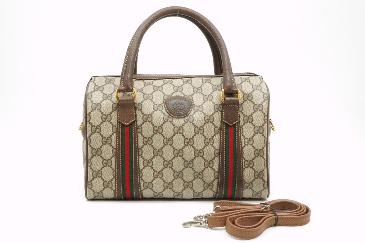 オールド グッチ ヴィンテージ シェリーライン 2way ミニ ボストン ショルダー バッグ GGプラス PVCキャンバス 茶 ブラウン GUCCI 6909h