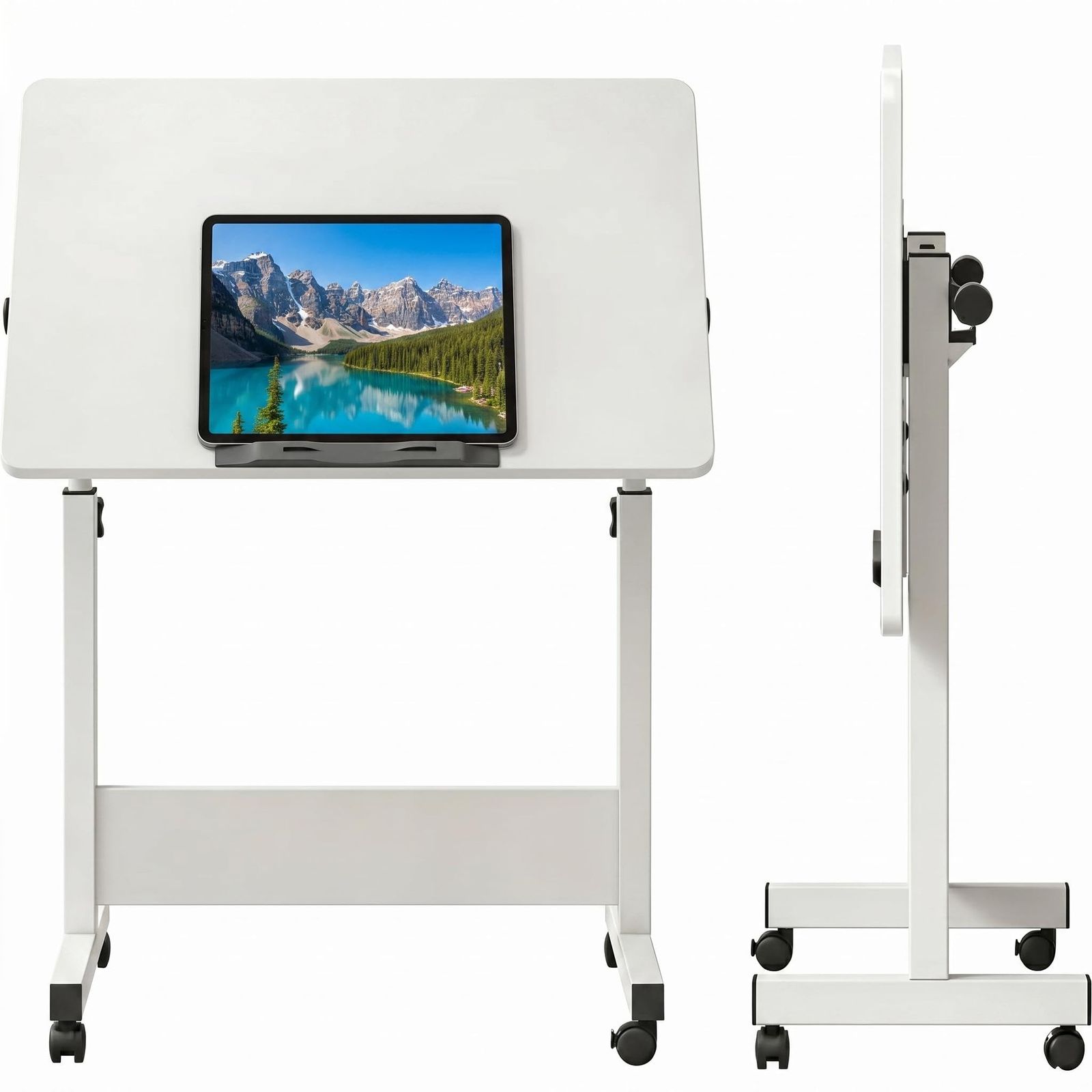 昇降デスク 小さめ スタンディングデスク 80×40cm 高さ調節 65～87cm キャスター付き ロック機能付き 可動式 折りたたみ 省スペース 丸角 衝突防止 小型パソコンデスク 在宅ワーク 寝室 書斎 ホワイト