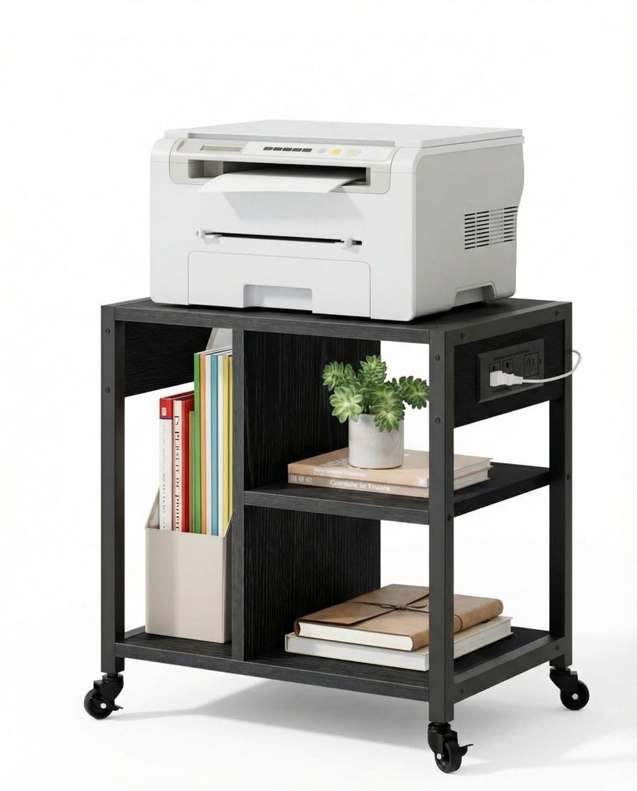 プリンター台 キャスター付き コンセント付き デスク下 収納 2段 コピー機置き台 耐荷重80kg幅44cm×奥行30cm×高さ46cm 両側取っ手付き オフィス ホーム 360度回転可能 頑丈 書類・オフィス収納 省スペース 簡単組立 プリンター (グレー