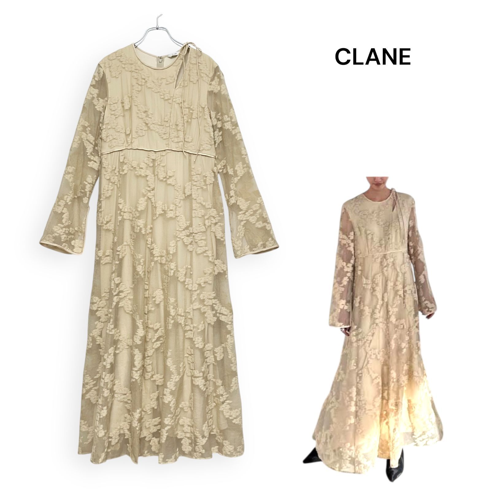 CLANE クラネ Bulged Flower Jacquard One Piece バージュフラワージャガード ワンピース ベージュ