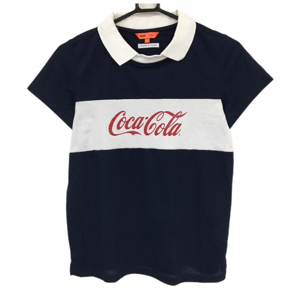 未使用品 BEAMS GOLF × Coca-Cola ポロシャツ サイズS 美品】ビームスゴルフ×Coca-Cola 襟付き半袖シャツ ネイビー×白 後ろ