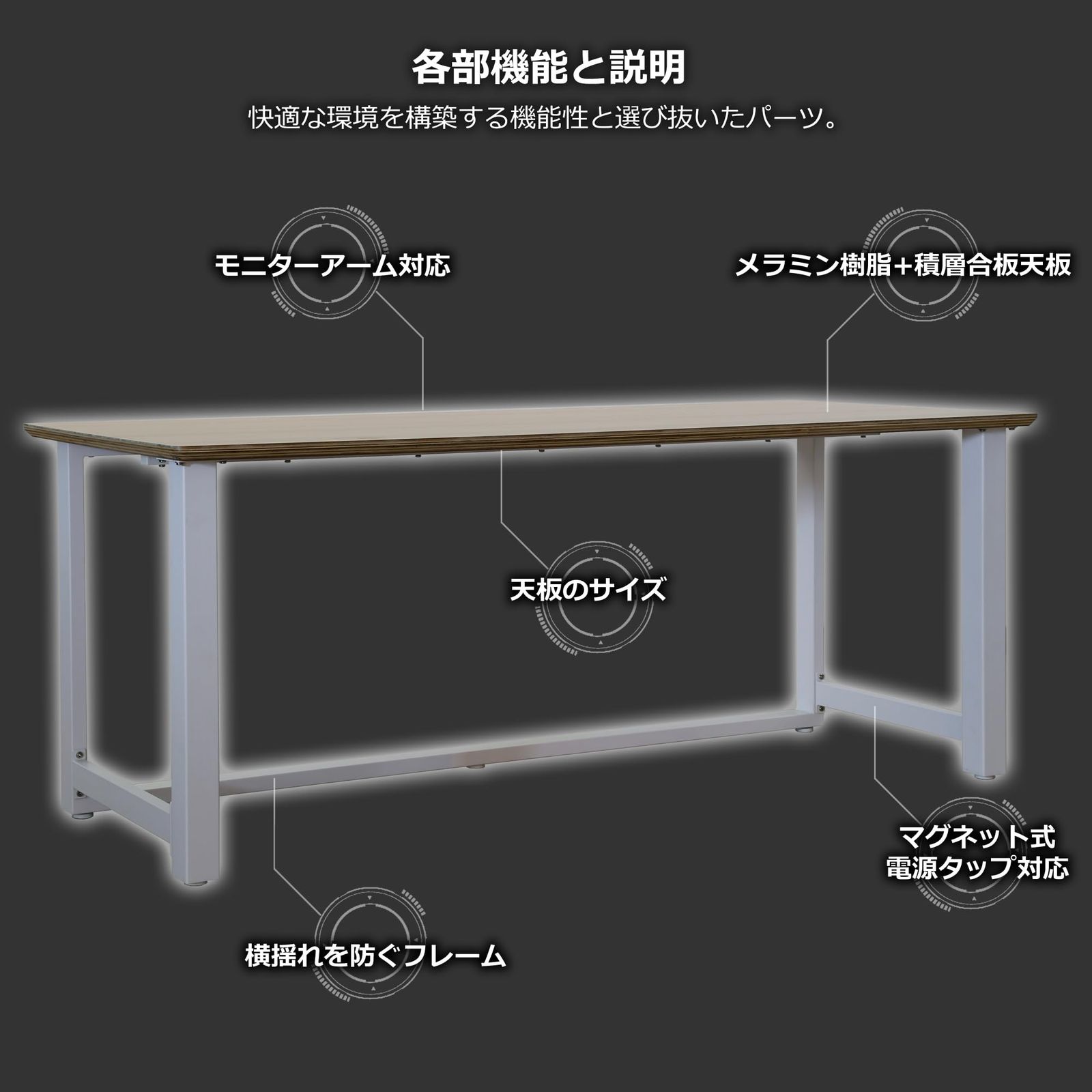 Contieaks(コンティークス) ゲーミングデスク パソコンデスク ワイルズ 幅180×奥行75×高さ72cm 天板ナチュラル/脚ホワイト 483851