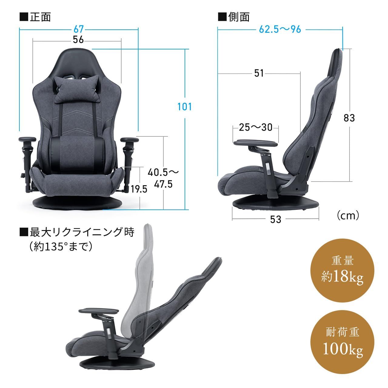 サンワダイレクト ゲーミング座椅子 135°リクライニング 5Dアームレスト ランバーサポート付き 360° 回転 ランバーサポート スエード調生地 ハイバック 肘掛け グレー 150-SNCF25