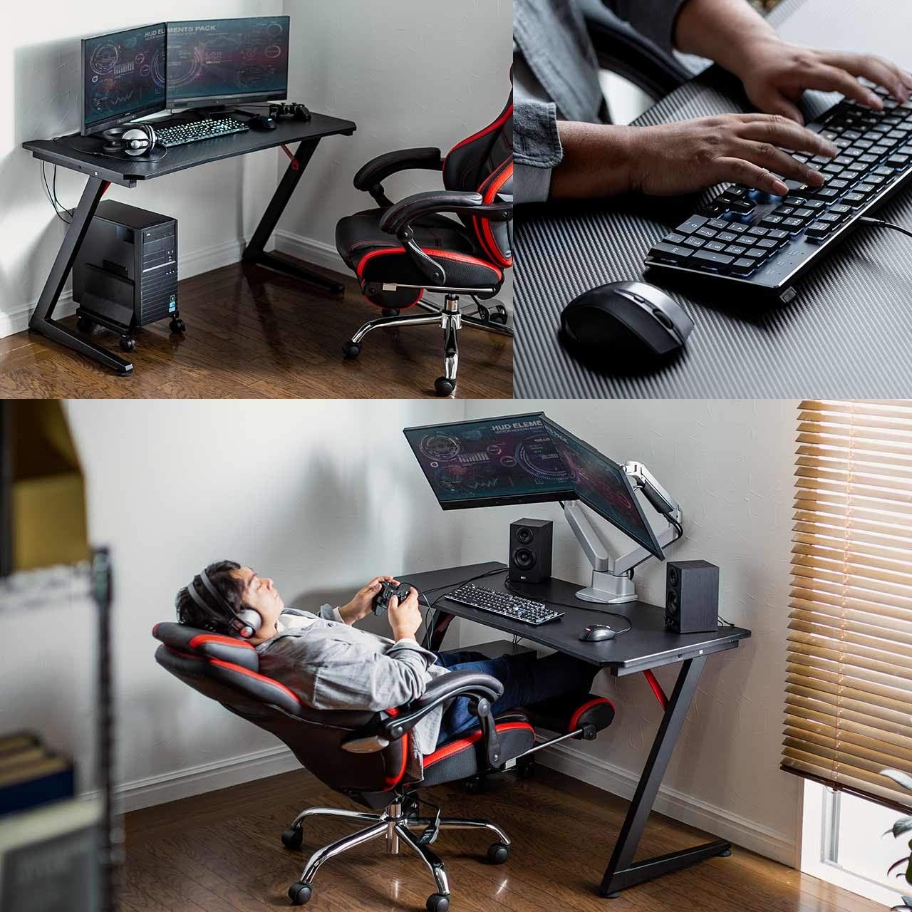 サンワダイレクト ゲーミングデスク カーボン調天板 幅120cm×奥行60cm モニターアーム取付対応 コードトレー付 100-DESKG002 サンワダイレクト ゲーミングデスク カーボン調天板 幅120cm×奥行60cm モニターアーム取付対応 コードトレー付 100-DESKG002