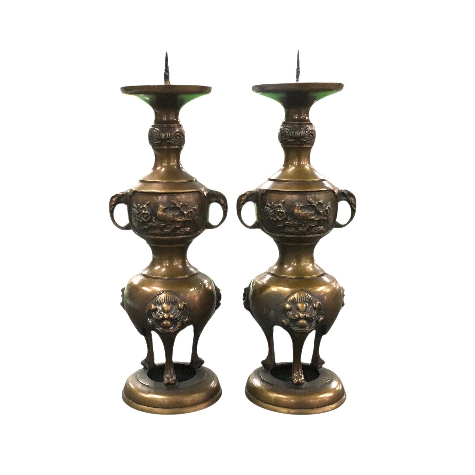 燭台1対　火立　真鍮製　色付　花鳥　獅子　象　浄土真宗本願寺派（西）　仏具