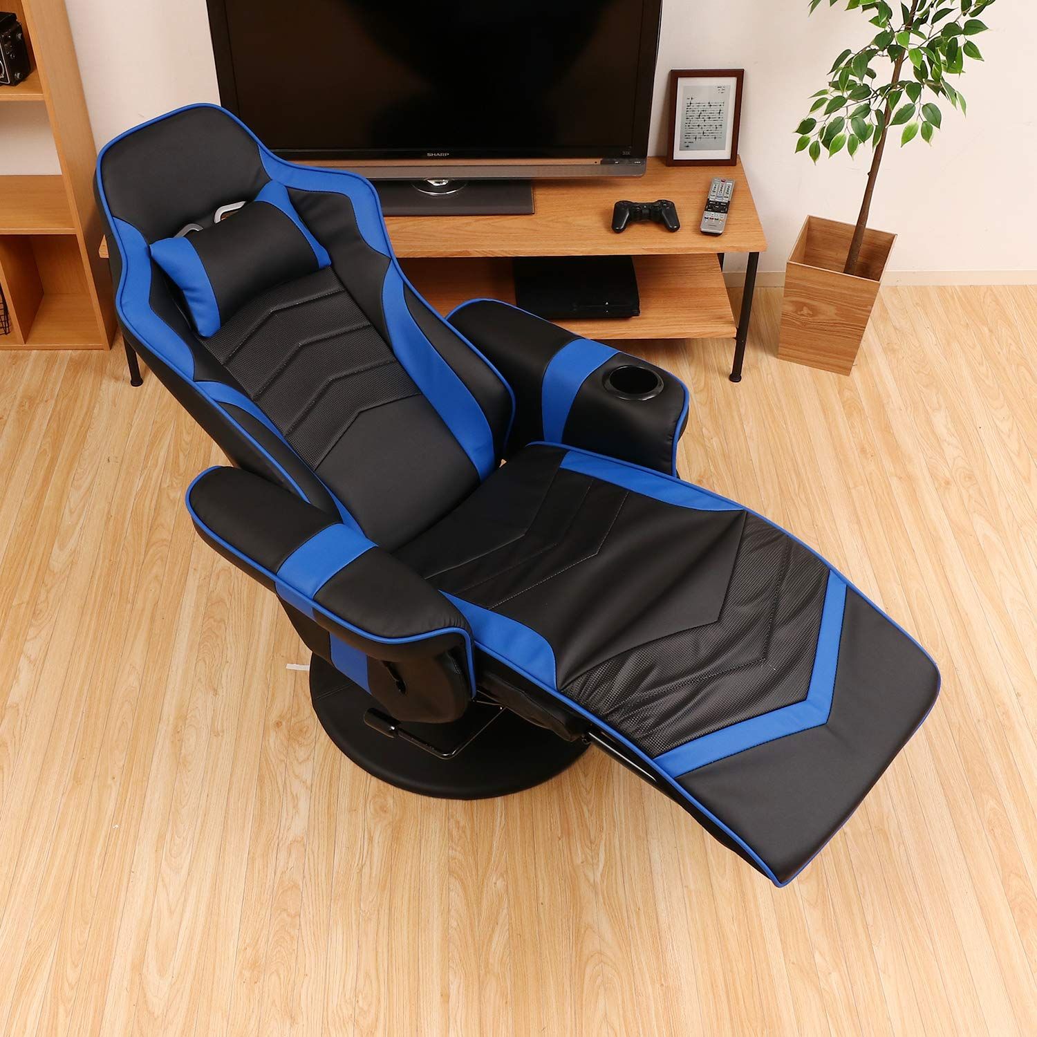 不二貿易 パーソナルチェア ゲーミングチェア 幅84×奥行89~156×高さ94~112cm ブルーリクライニング機能 カップホルダー付 カーナ 53318